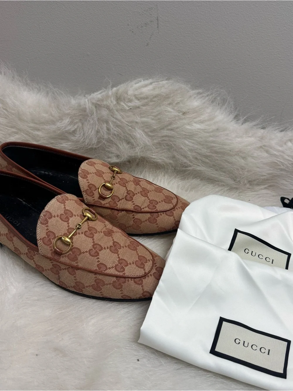 Gucci Jordaan GG Monogram Horsebit Tan Loafers 39.5